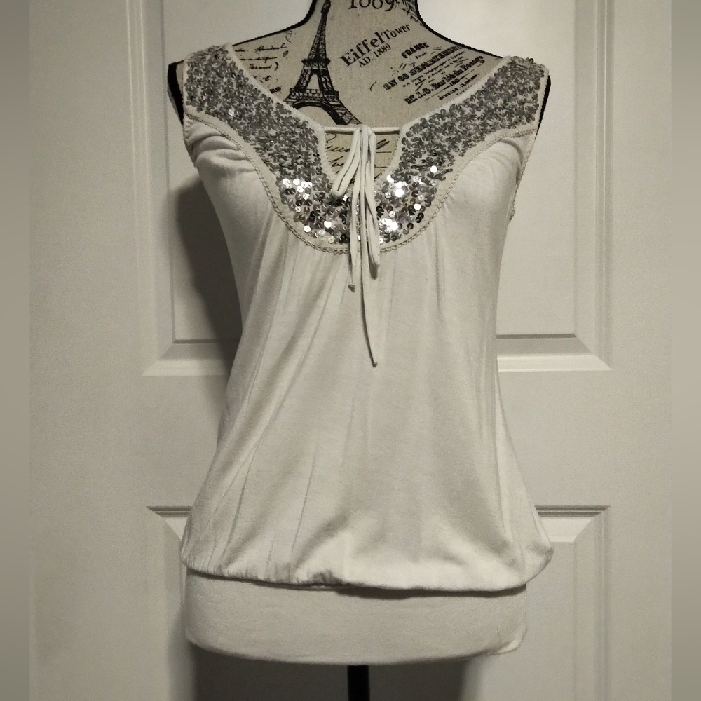 bebe White Tank Top with Silver Sequins - Size M